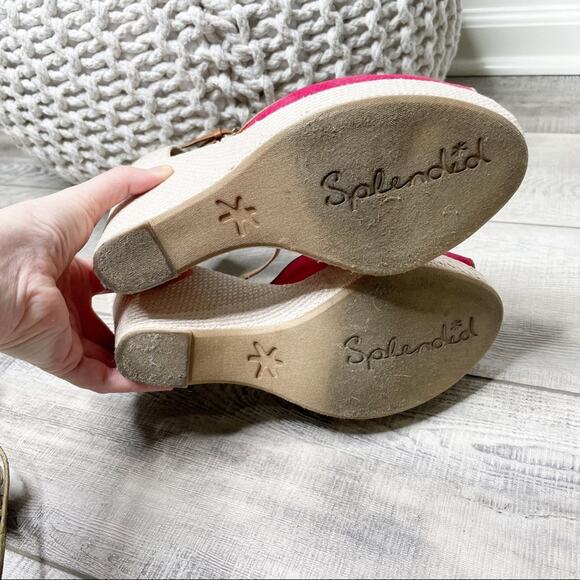 Splendid Canvas Peep Toe Ankle Strap Espadrille Wedges Red Tan Size 10M - Picture 9 of 9